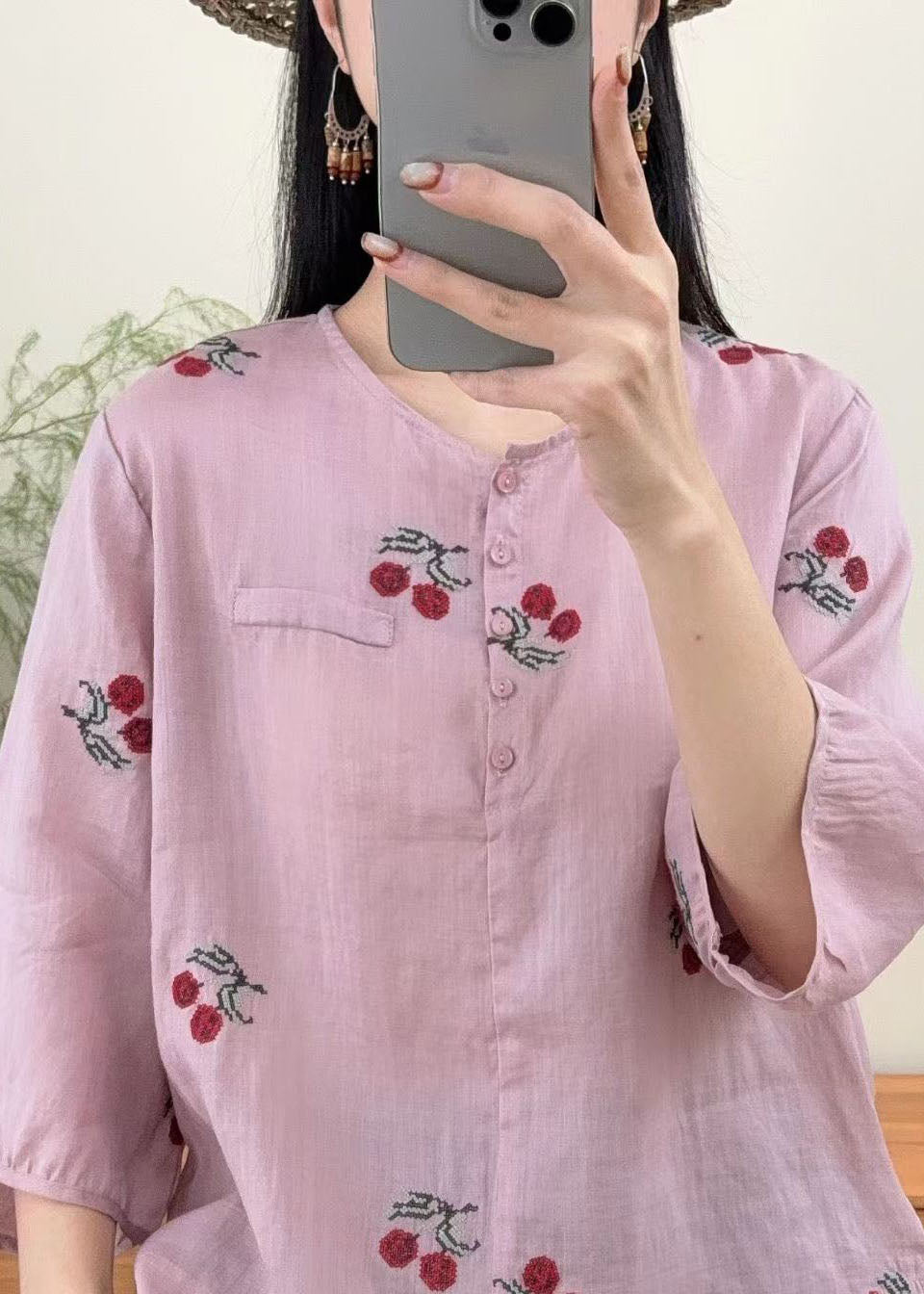 Purple O Neck Embroidered Linen Shirts Summer