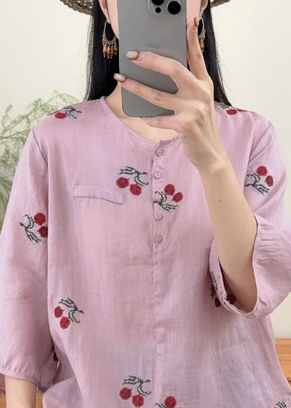 Purple O Neck Embroidered Linen Shirts Summer