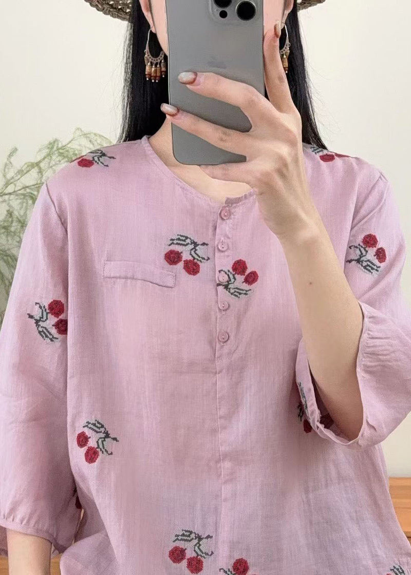Purple O Neck Embroidered Linen Shirts Summer
