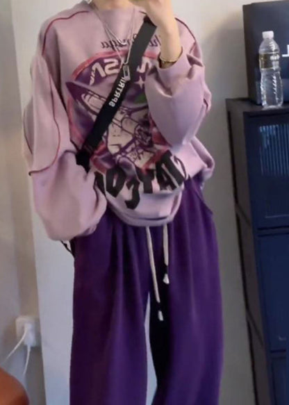 Purple O-neck Print Pullover and Beam Pants Two Piece Set Fall