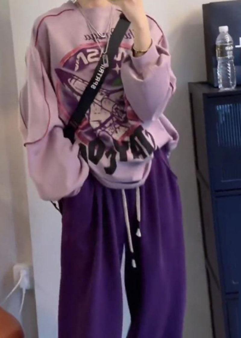 Purple O-neck Print Pullover and Beam Pants Two Piece Set Fall