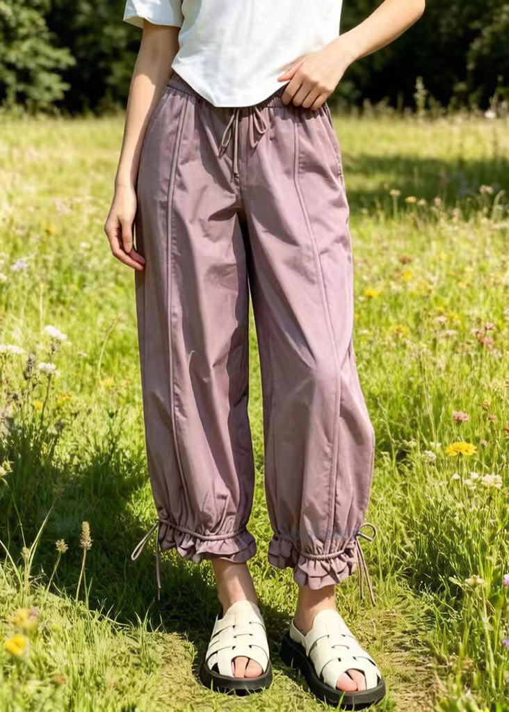 Purple Oversized Pockets Cotton Beam Pants Summer