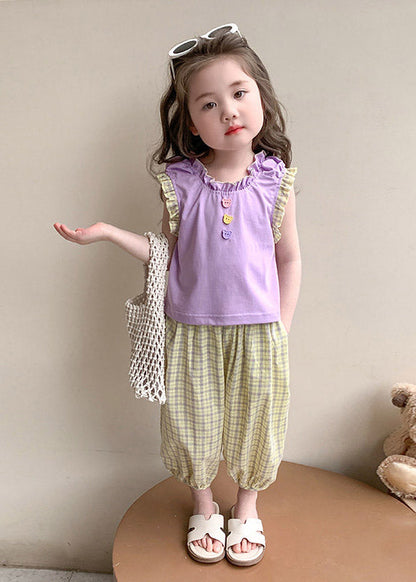 Purple Patchwork Top and Crop Pants Two Pieces Set Summer