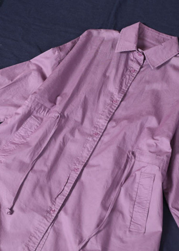Purple Peter Pan Collar Button Cotton Shirt Dresses Long Sleeve