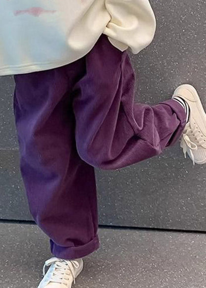Purple Pockets Elastic Waist Corduroy Kids Straight Pants Spring