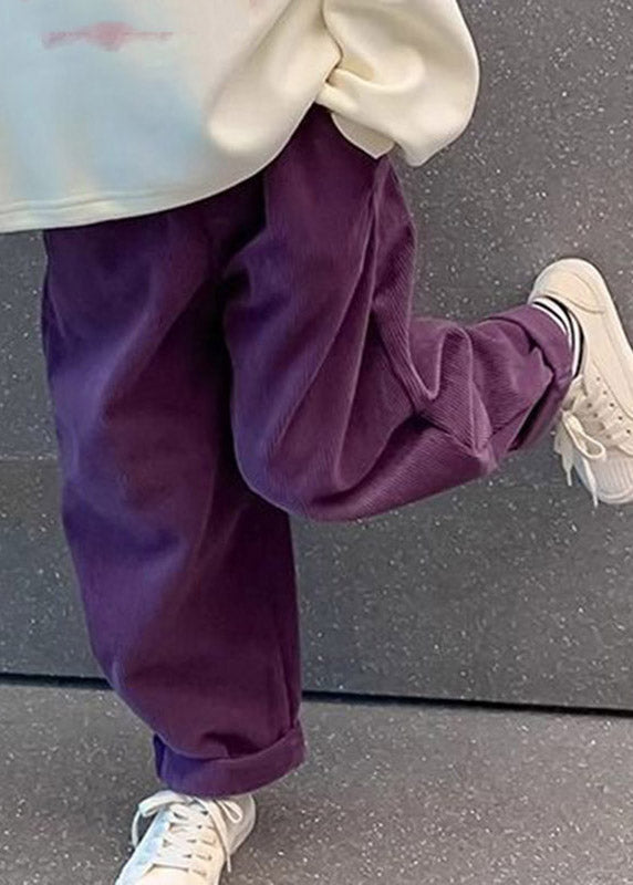 Purple Pockets Elastic Waist Corduroy Kids Straight Pants Spring