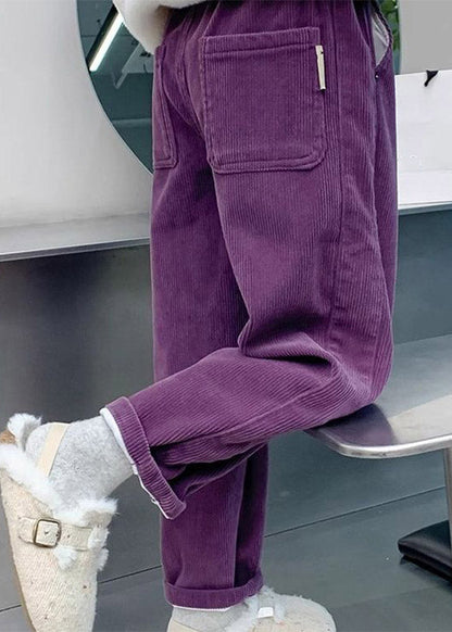 Purple Pockets Elastic Waist Corduroy Kids Straight Pants Spring