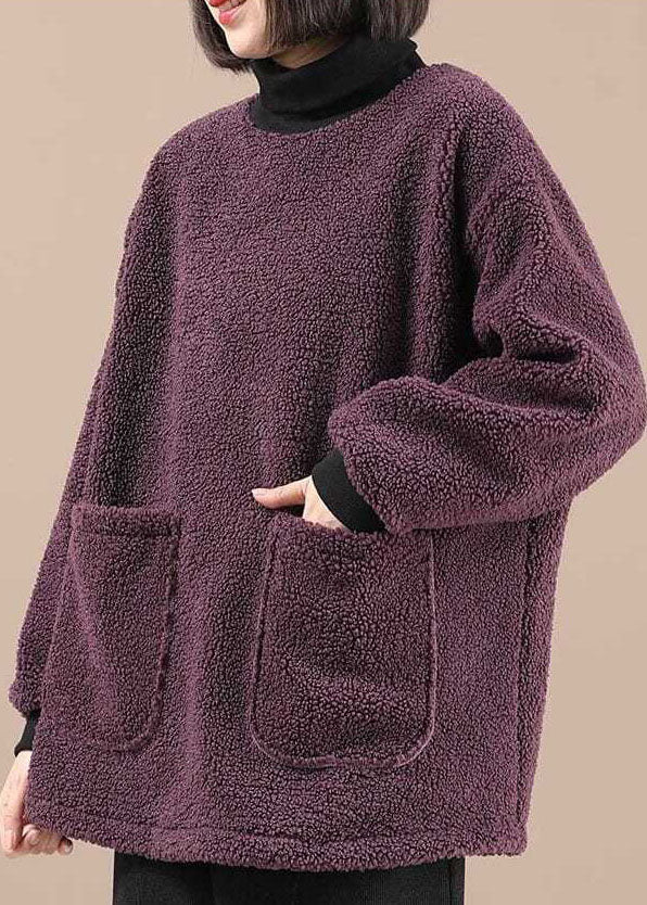 Purple Pockets Patchwork Faux Fur Fleece Sweatshirt Long Sleeve