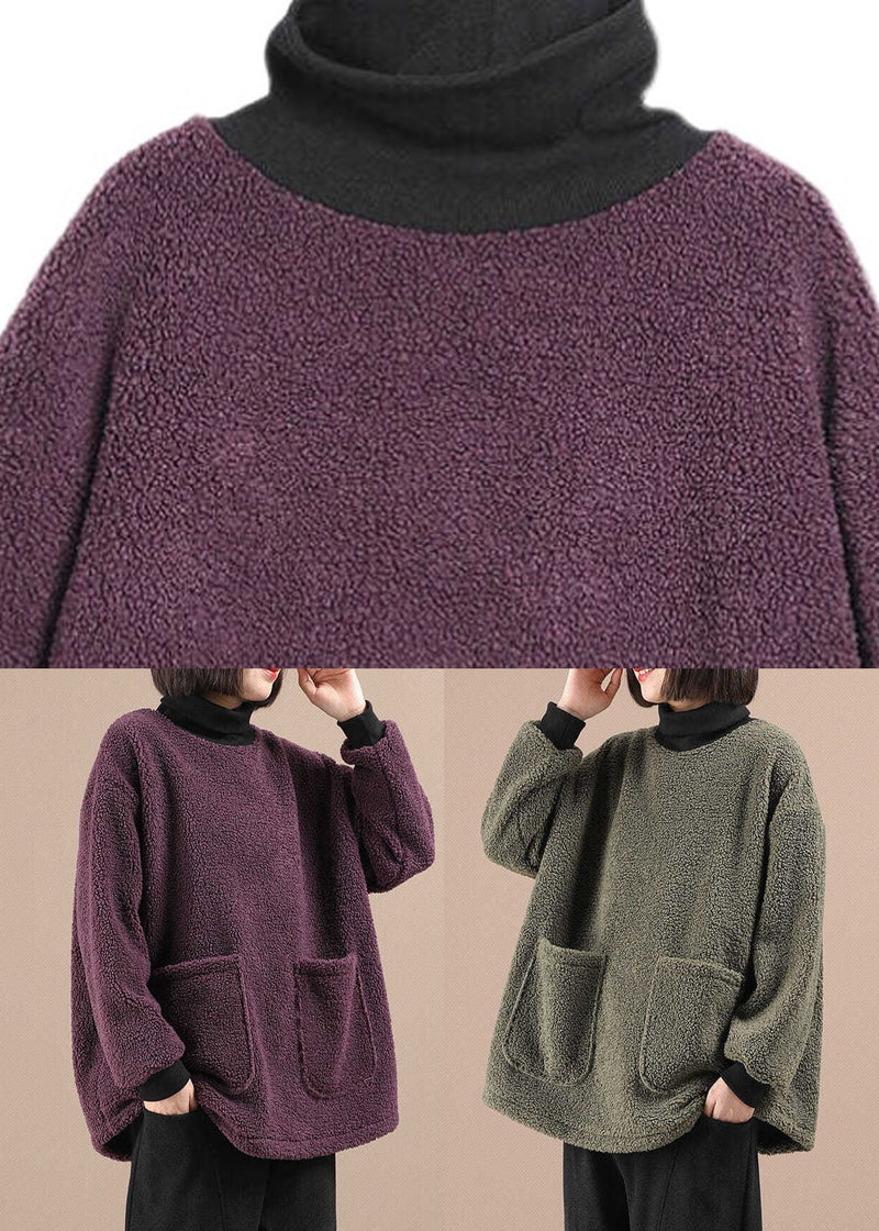Purple Pockets Patchwork Faux Fur Fleece Sweatshirt Long Sleeve