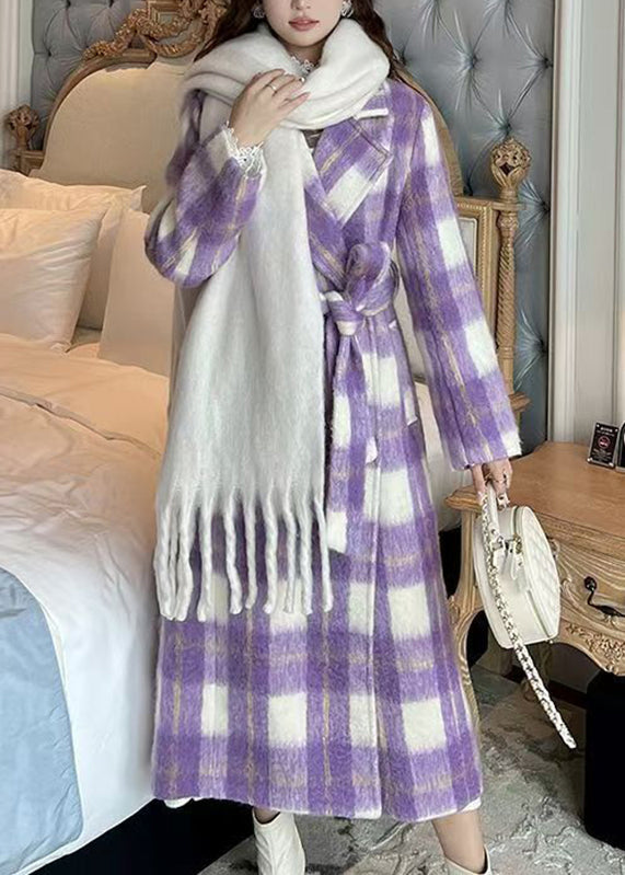 Purple Pockets Plaid Patchwork Long Woolen Coats Spring