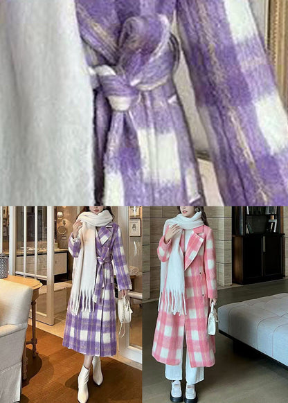 Purple Pockets Plaid Patchwork Long Woolen Coats Spring