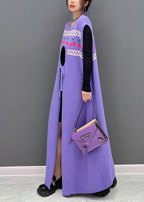 Purple Print Side Open Cashmere Knit Long Dresses Sleeveless