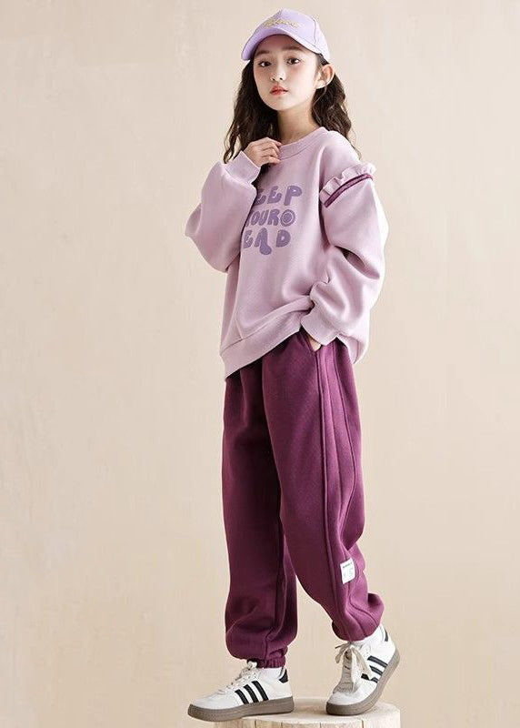 Purple Ruffled Patchwork Kids Warm Fleece Sweatshirt and Beam Pants Two Piece Set Spring