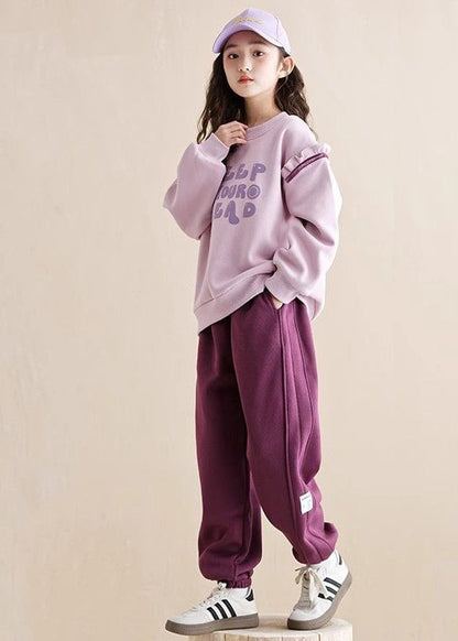 Purple Ruffled Patchwork Kids Warm Fleece Sweatshirt and Beam Pants Two Piece Set Spring