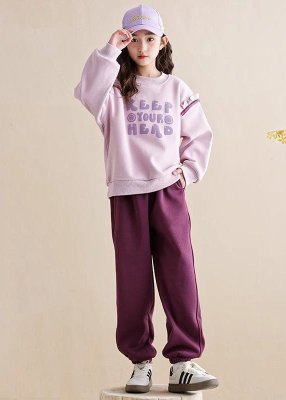 Purple Ruffled Patchwork Kids Warm Fleece Sweatshirt and Beam Pants Two Piece Set Spring