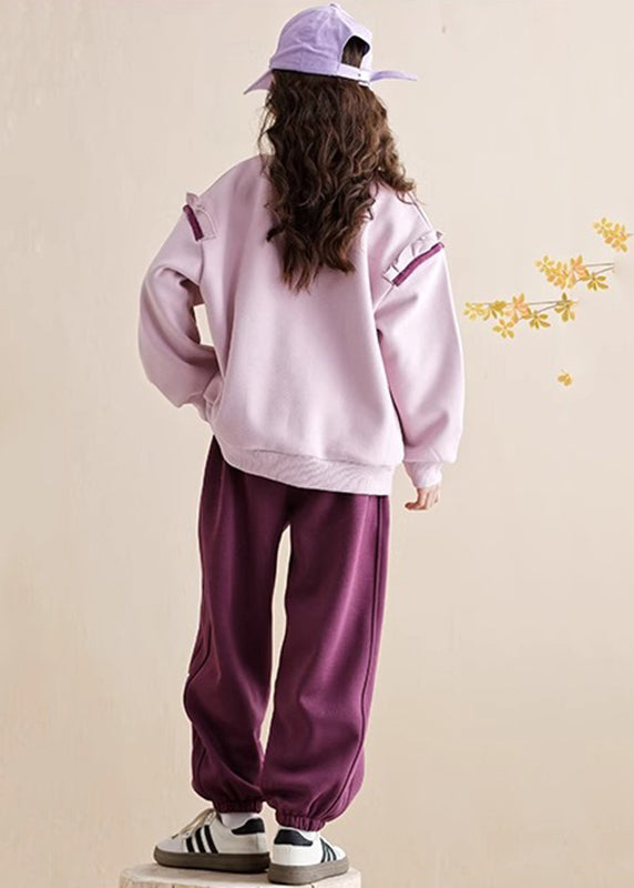 Purple Ruffled Patchwork Kids Warm Fleece Sweatshirt and Beam Pants Two Piece Set Spring