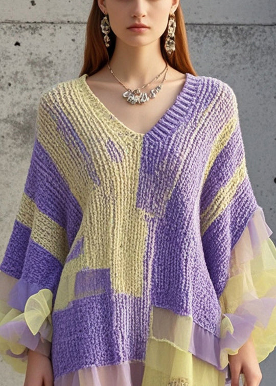 Purple Ruffled Patchwork Knit Sweater Dress Fall