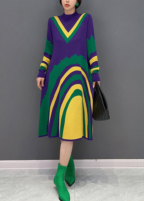 Purple Turtleneck Striped Knit Vacation Dresses Fall