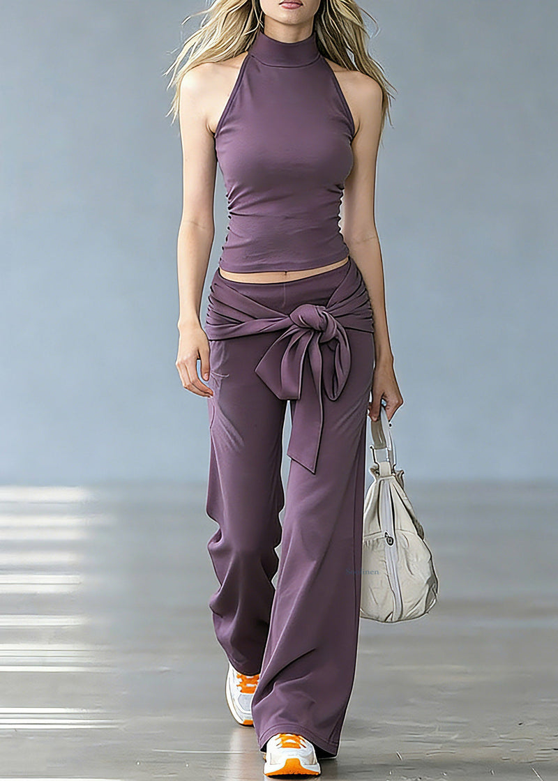 Purple Turtleneck Top and Wide Leg Pants Two Pieces Set Summer