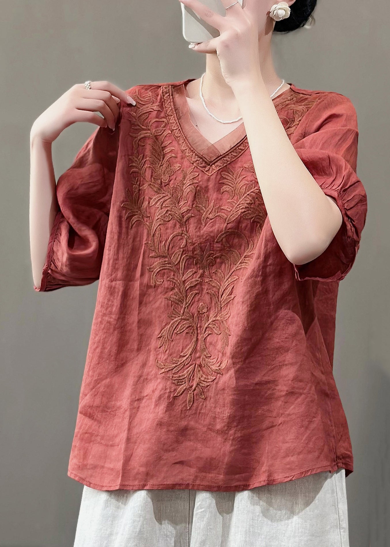 Purple V Neck Embroidered Linen T Shirts Summer