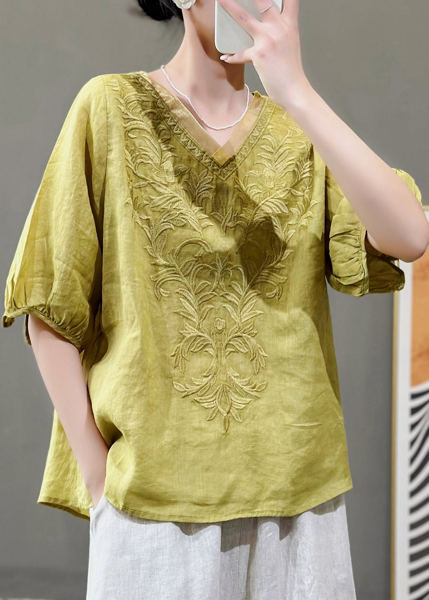 Purple V Neck Embroidered Linen T Shirts Summer