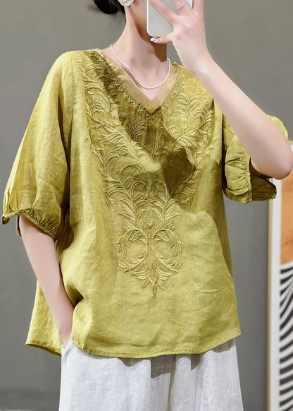 Purple V Neck Embroidered Linen T Shirts Summer