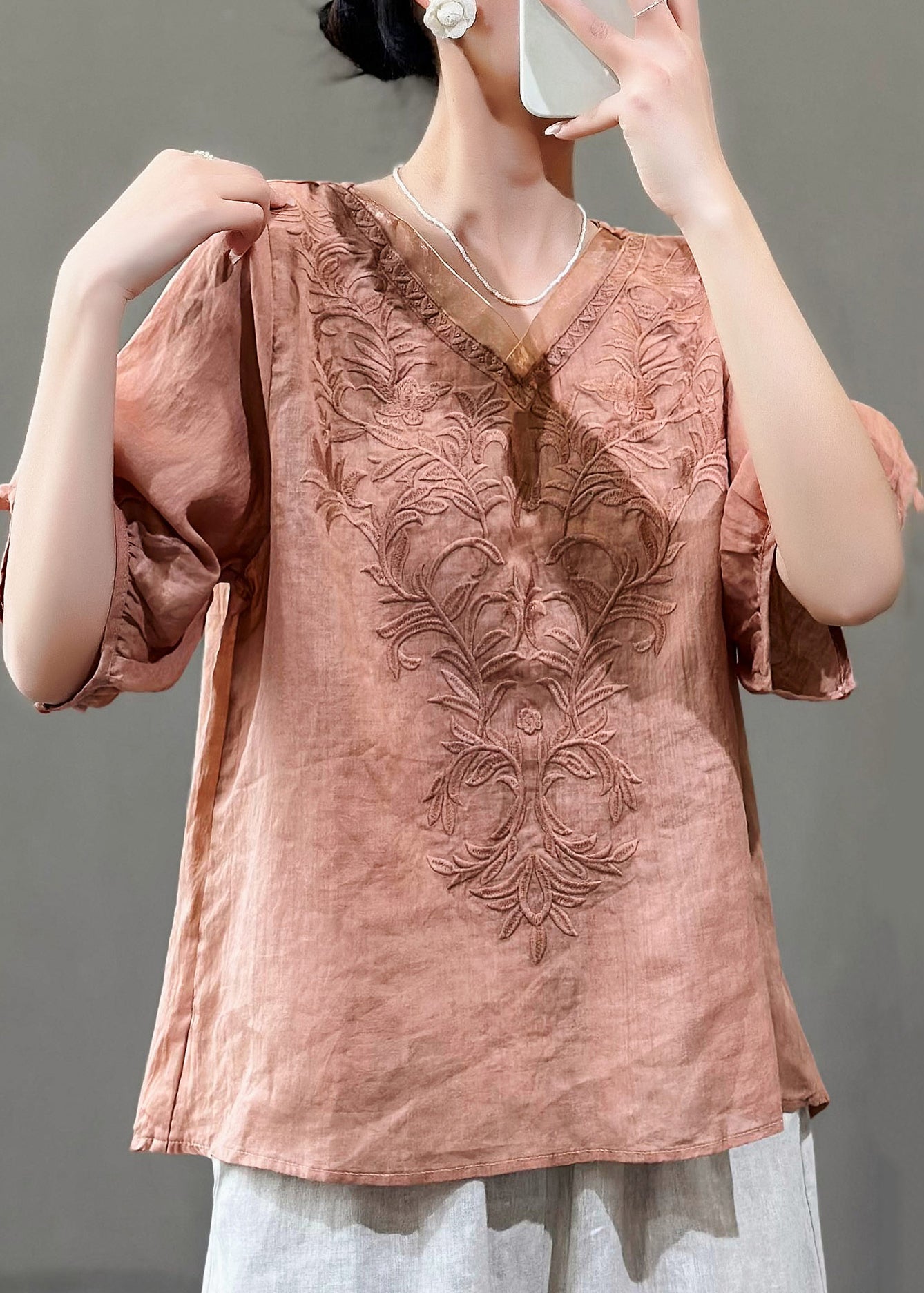 Purple V Neck Embroidered Linen T Shirts Summer