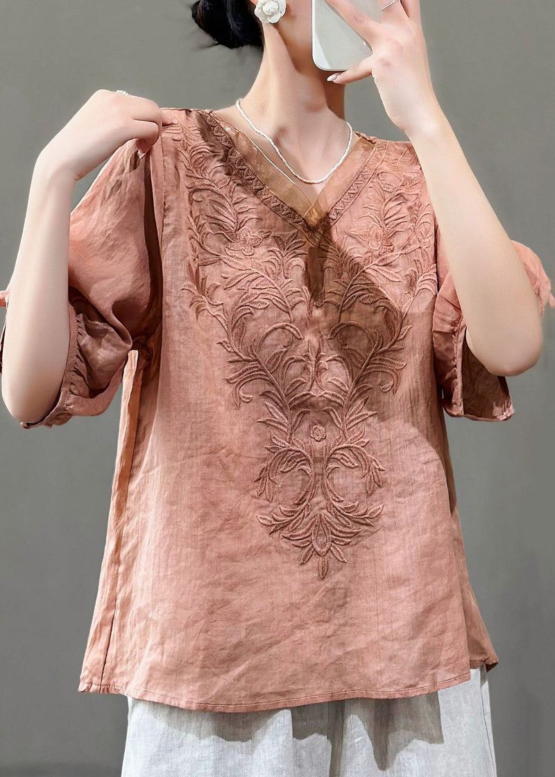 Purple V Neck Embroidered Linen T Shirts Summer