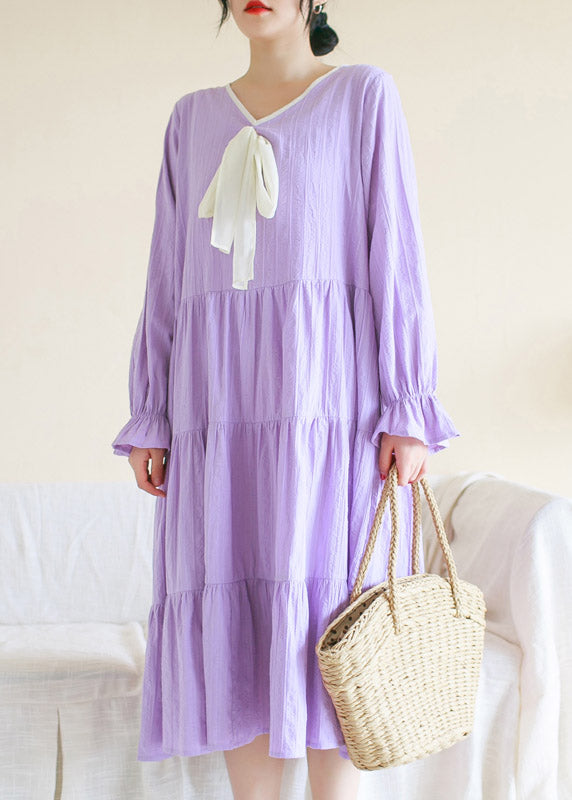 Purple V Neck Patchwork Cotton Maxi Dress Long Sleeve