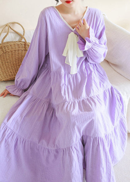 Purple V Neck Patchwork Cotton Maxi Dress Long Sleeve