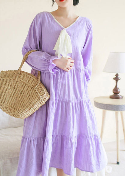 Purple V Neck Patchwork Cotton Maxi Dress Long Sleeve