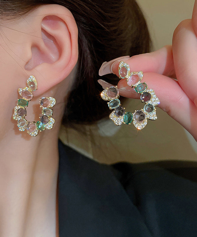 Rainbow Copper Zircon Crystal Asymmetric U Shaped Hoop Earrings