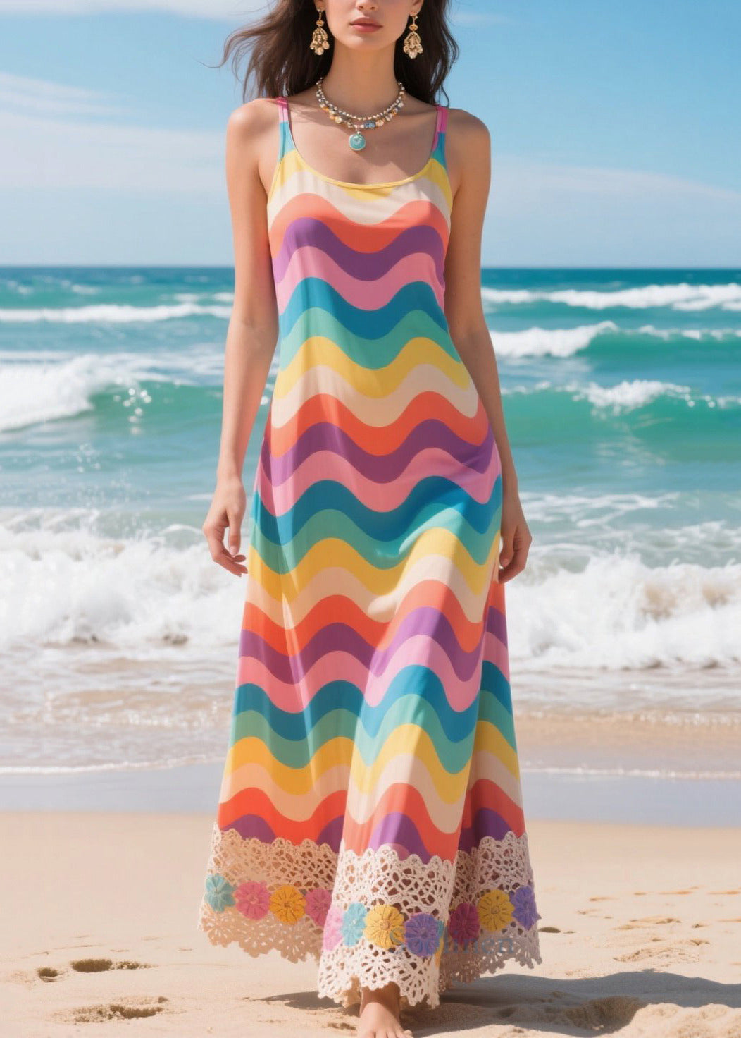 Rainbow Striped Patchwork Lace Chiffon Cami Dresses Summer