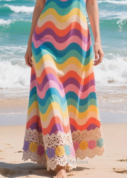 Rainbow Striped Patchwork Lace Chiffon Cami Dresses Summer