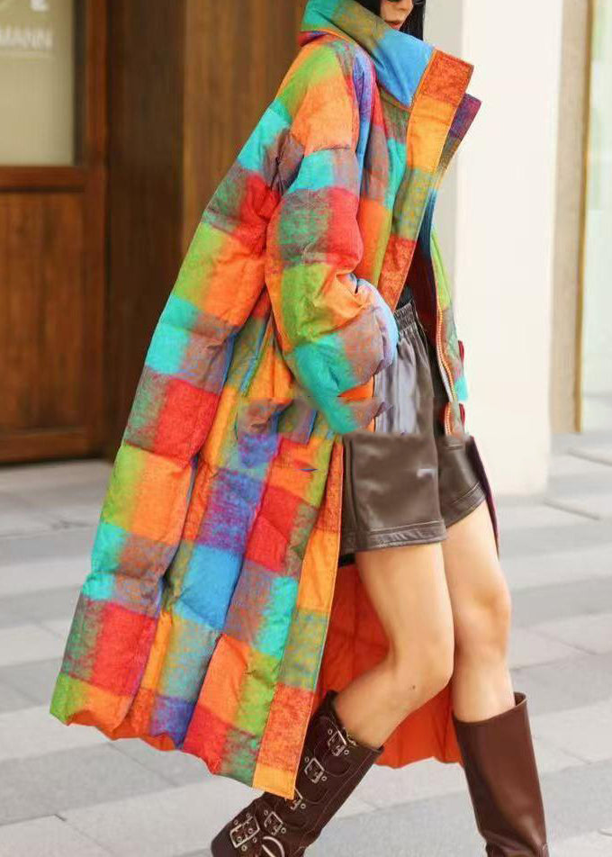 Rainbow Turtleneck Pockets Plaid Long Parka Winter