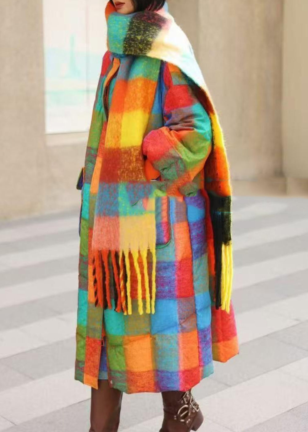 Rainbow Turtleneck Pockets Plaid Long Parka Winter