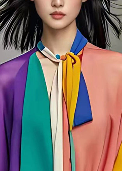 Rainbow V Neck Bow Chiffon Shirt Half Sleeve
