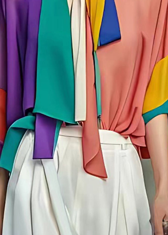 Rainbow V Neck Bow Chiffon Shirt Half Sleeve