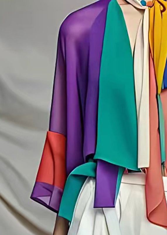 Rainbow V Neck Bow Chiffon Shirt Half Sleeve
