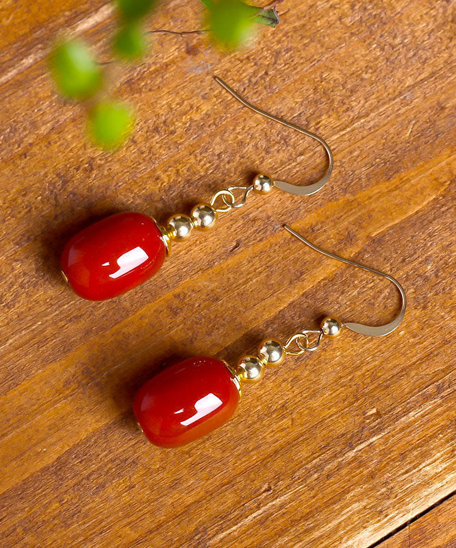 Red 14k Gold Agate Bucket Beads Drop Earrings