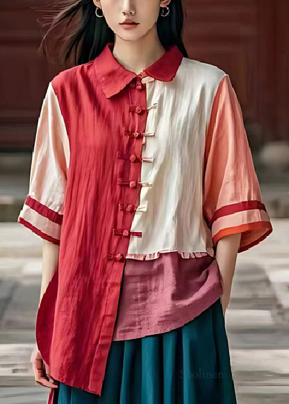 Red Asymmetrical Patchwork Chinese Button Linen Shirt Top Summer