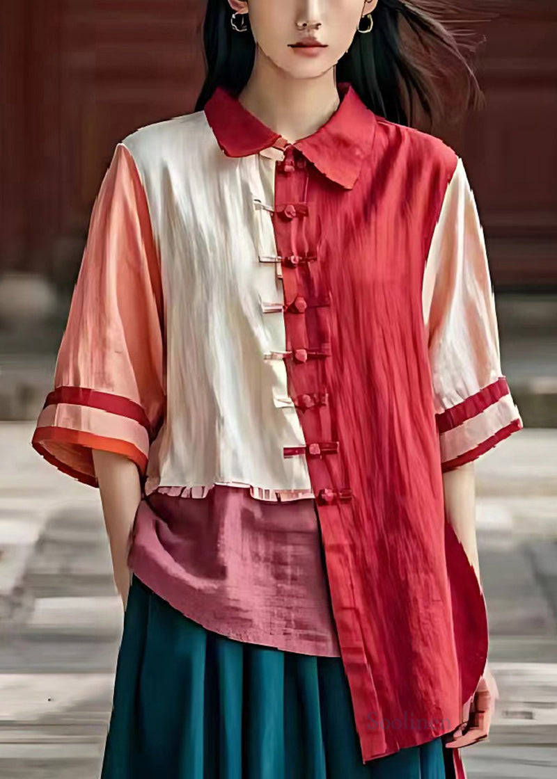 Red Asymmetrical Patchwork Chinese Button Linen Shirt Top Summer