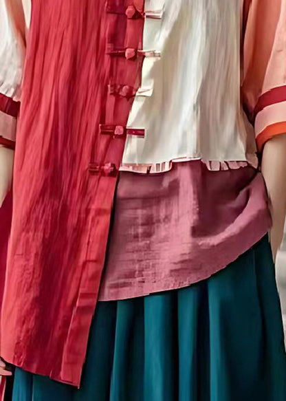 Red Asymmetrical Patchwork Chinese Button Linen Shirt Top Summer