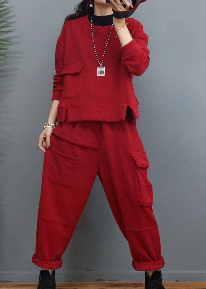 Red Cinched Patchwork Warm Fleece Sets 2 Pieces Winter