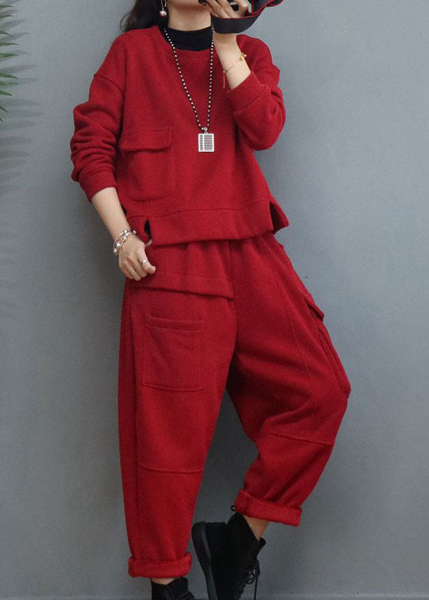 Red Cinched Patchwork Warm Fleece Sets 2 Pieces Winter