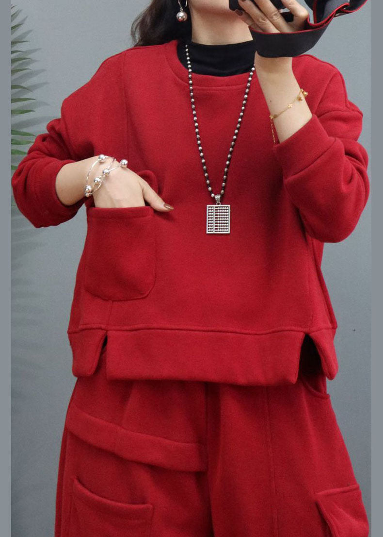 Red Cinched Patchwork Warm Fleece Sets 2 Pieces Winter