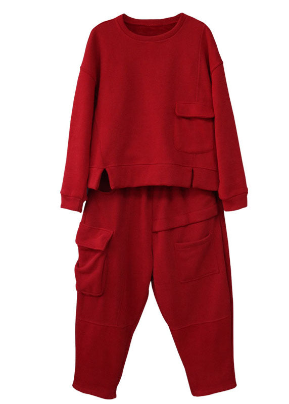 Red Cinched Patchwork Warm Fleece Sets 2 Pieces Winter