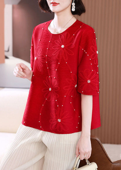 Red Embroidered Nail Bead T Shirts Summer