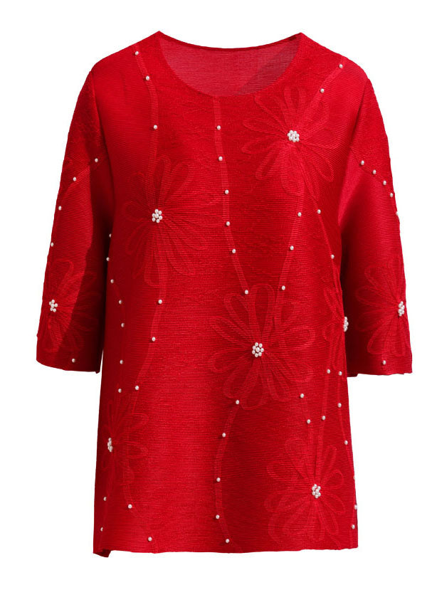 Red Embroidered Nail Bead T Shirts Summer
