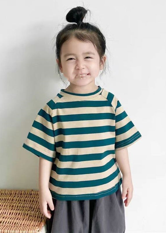Red Striped Patchwork Tops Short Sleeve